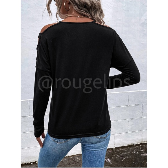Strappy Cold Shoulder Black Long Sleeve Tee Shirt V-Neck - Picture 4 of 8